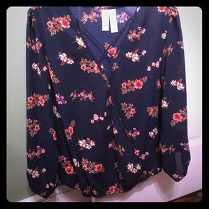 Cross front navy floral blouse
